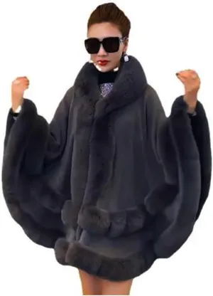 Cape-Faux Fur-Fur-ruana-coat-blanket-Caplet-Wrap-Shrug-Sweater-Poncho-dress shawl (Wool blend cape with faux fur trim- Grey)