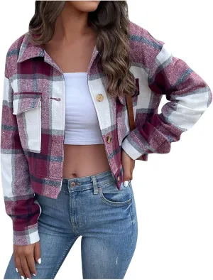 Flannels for Women Cropped Shacket Jacket Fashion Plaid Lapel Collars Button Down Shirt 2024 Fall Coat Tops