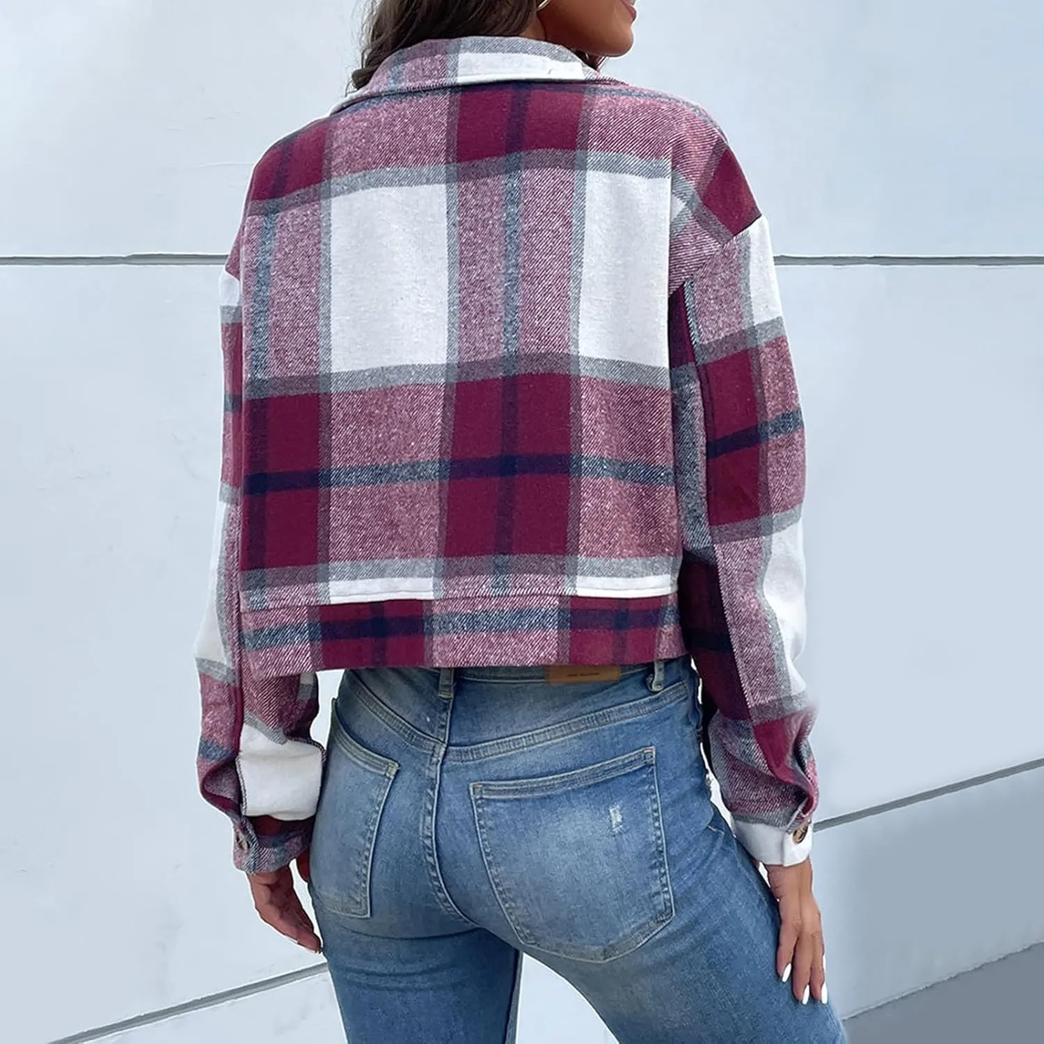Flannels for Women Cropped Shacket Jacket Fashion Plaid Lapel Collars Button Down Shirt 2024 Fall Coat Tops