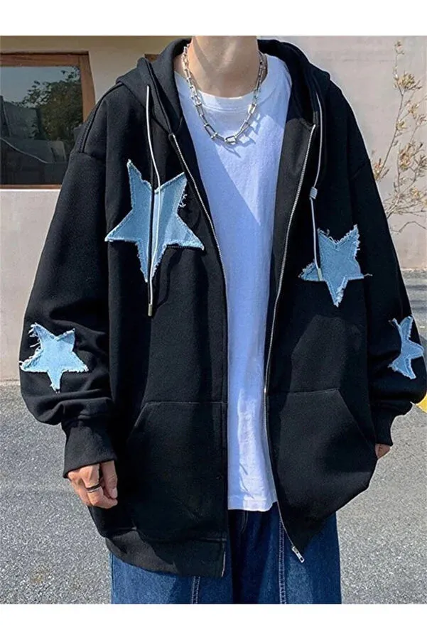 Gofeel Women's Day Light y2k Star Patch Oversized Black Cardigan