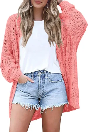 HOTOUCH Lightweight Crochet Cardigan for Women Long Sleeve Open Front Knit Oversized Cardigans Sweaters