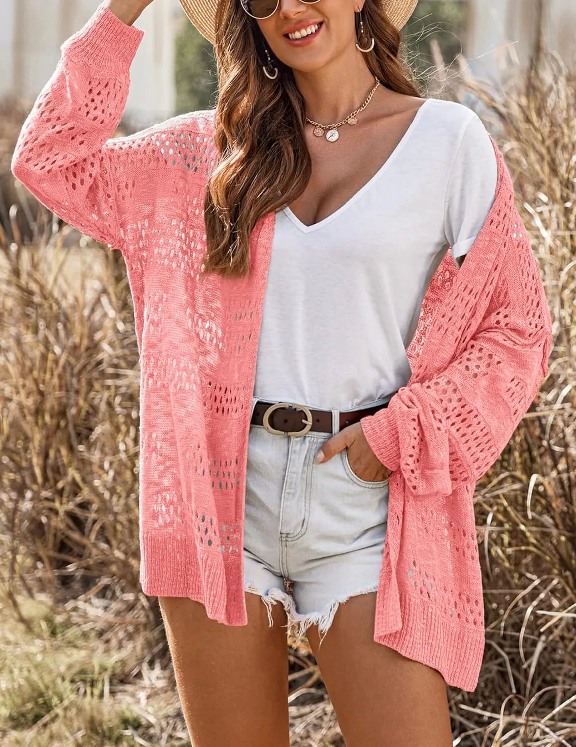 HOTOUCH Lightweight Crochet Cardigan for Women Long Sleeve Open Front Knit Oversized Cardigans Sweaters