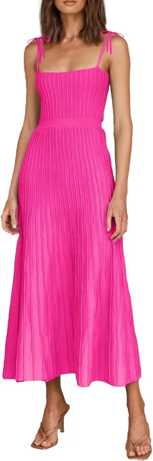 IDOPIP Women Square Neck Ribbed Knit Maxi Dress Casual Spaghetti Straps Dress Summer Elegant Knitted Striped Pleated Dress