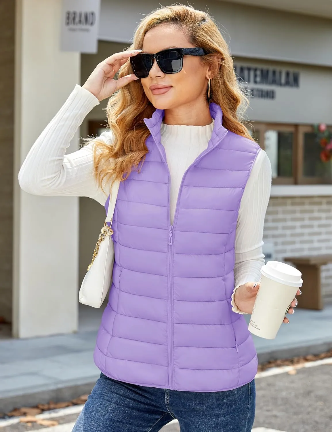 MAGCOMSEN Women's Puffer Vest Lightweight Stand Collar Zip 4 Pockets Puffy Vests Sleeveless Quilted Padded Outerwear