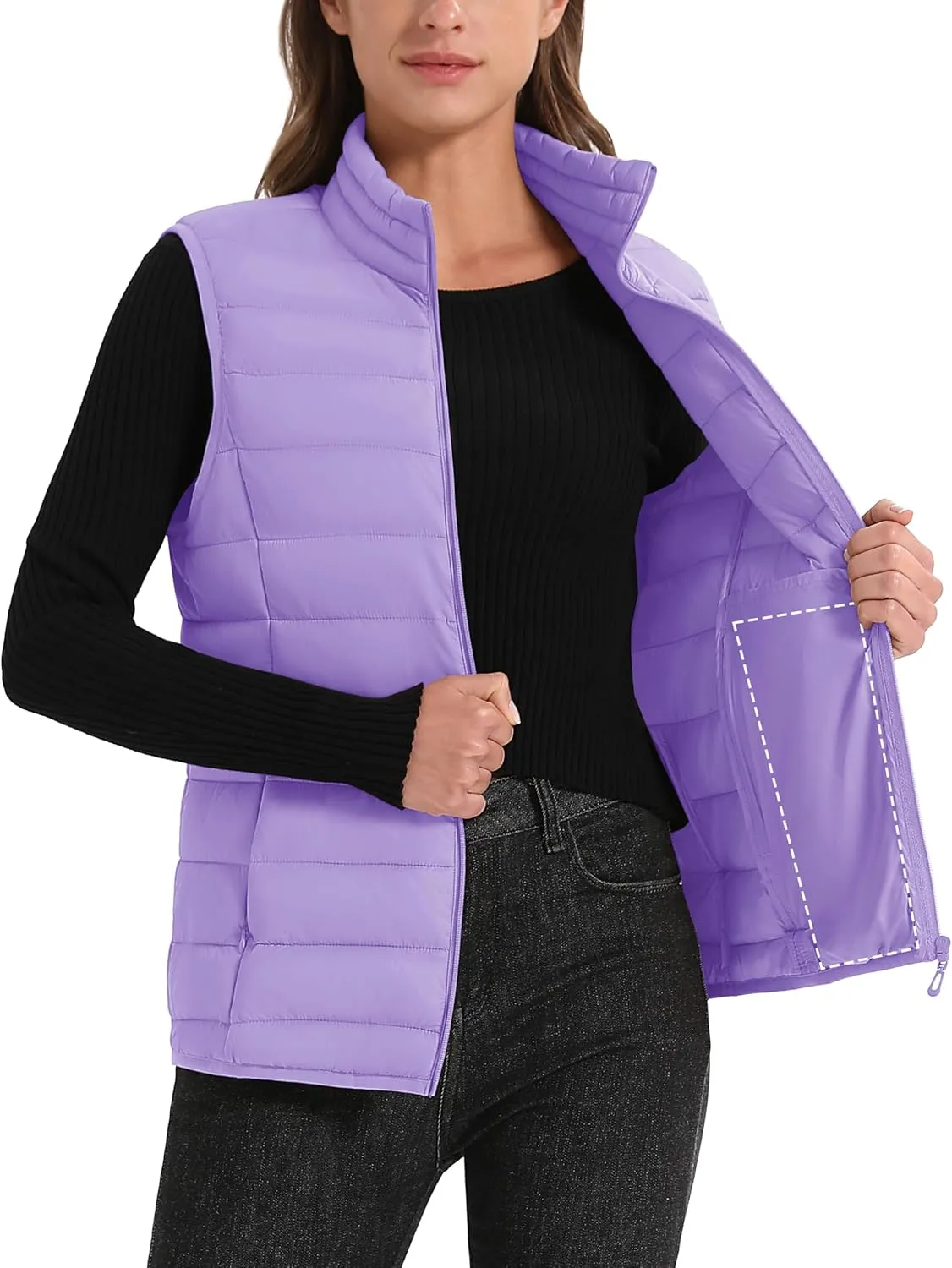 MAGCOMSEN Women's Puffer Vest Lightweight Stand Collar Zip 4 Pockets Puffy Vests Sleeveless Quilted Padded Outerwear