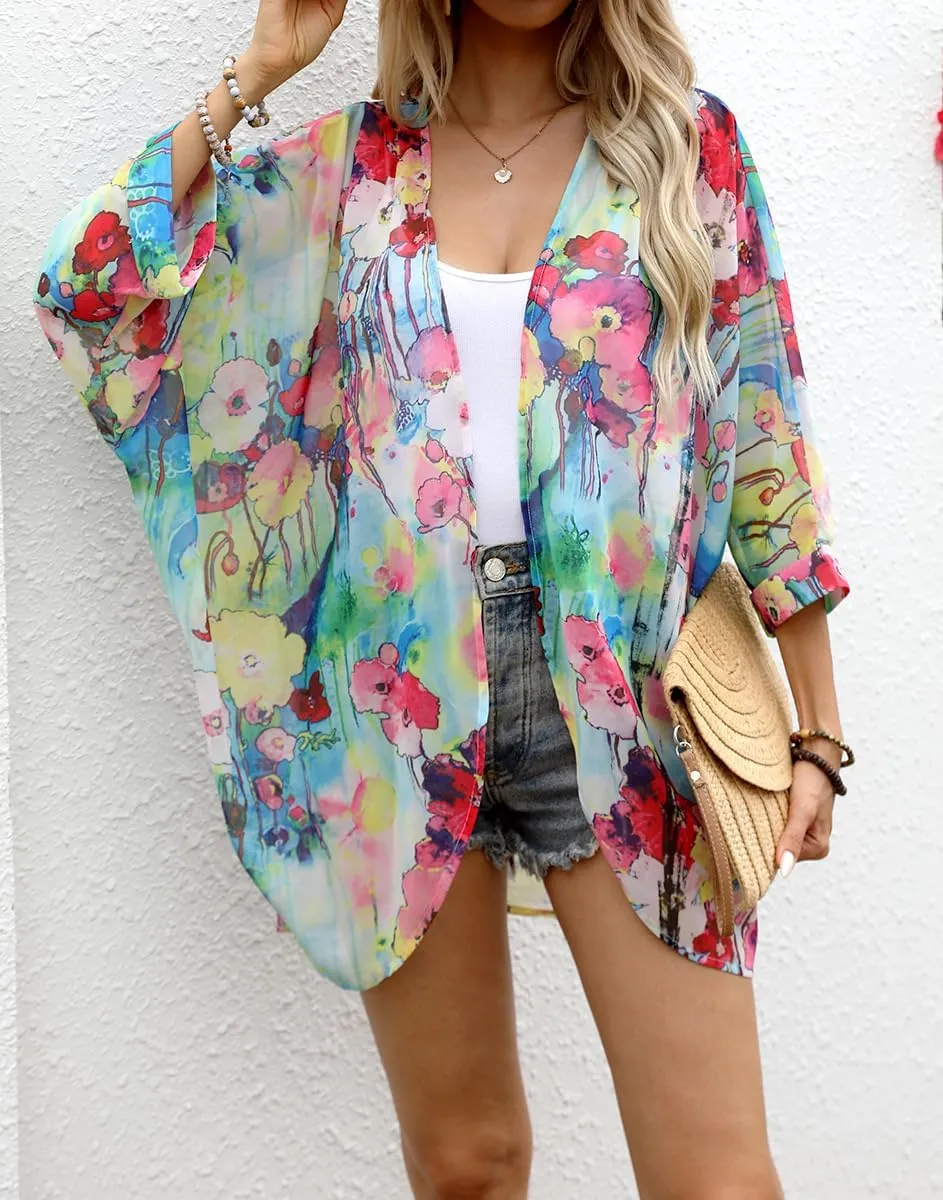 olrain Women's Floral Print Sheer Chiffon 3/4 Bat Sleeve Casual Loose Kimono Cardigan Capes