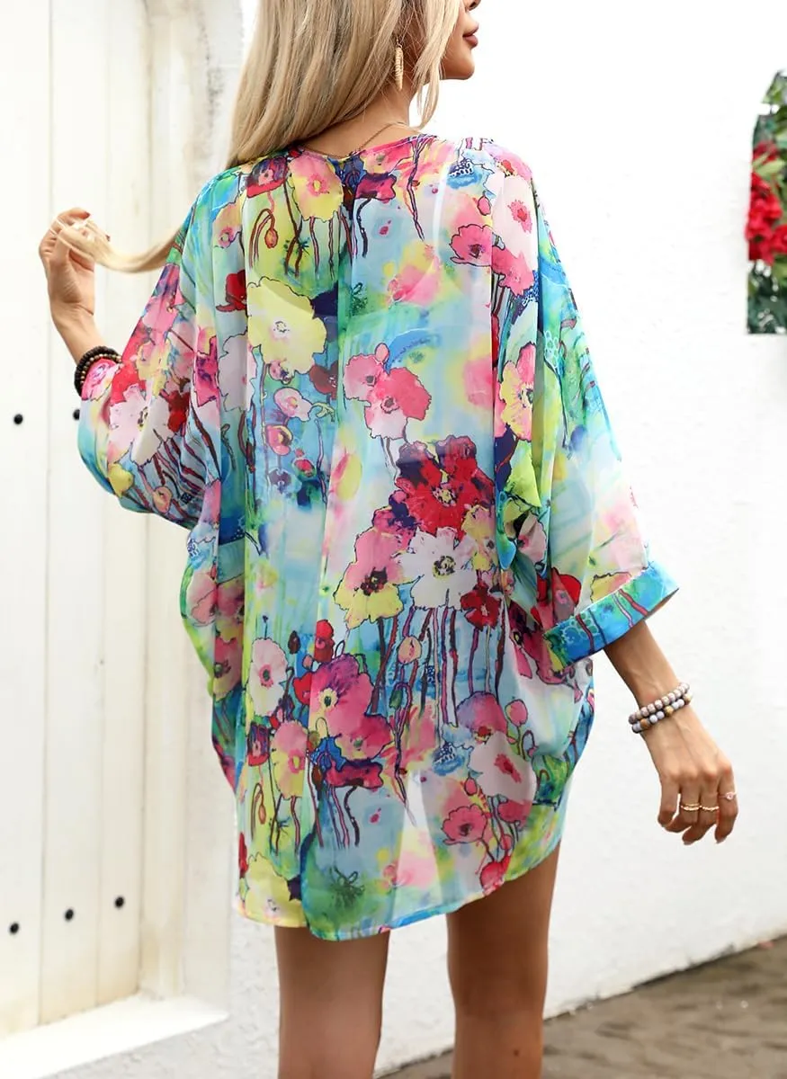 olrain Women's Floral Print Sheer Chiffon 3/4 Bat Sleeve Casual Loose Kimono Cardigan Capes