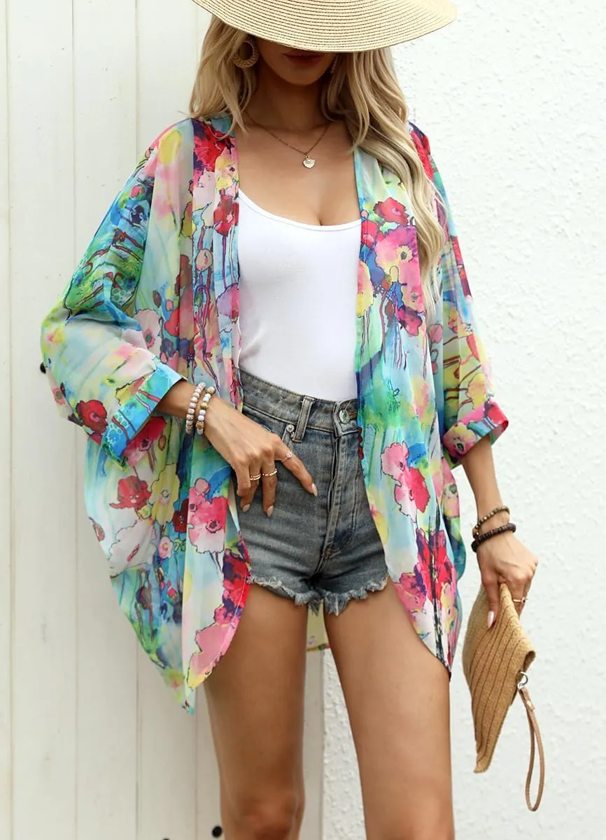 olrain Women's Floral Print Sheer Chiffon 3/4 Bat Sleeve Casual Loose Kimono Cardigan Capes
