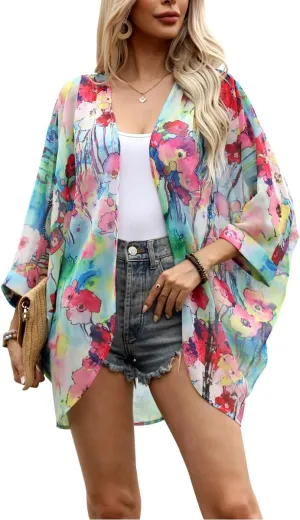 olrain Women's Floral Print Sheer Chiffon 3/4 Bat Sleeve Casual Loose Kimono Cardigan Capes