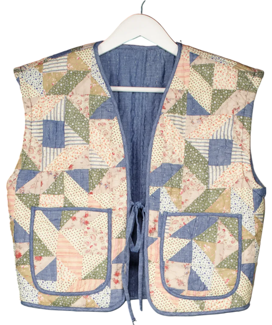 Polo Ralph Lauren Blue Reversible Bora Stitching Patchwork Quilted Vest Jacket UK S