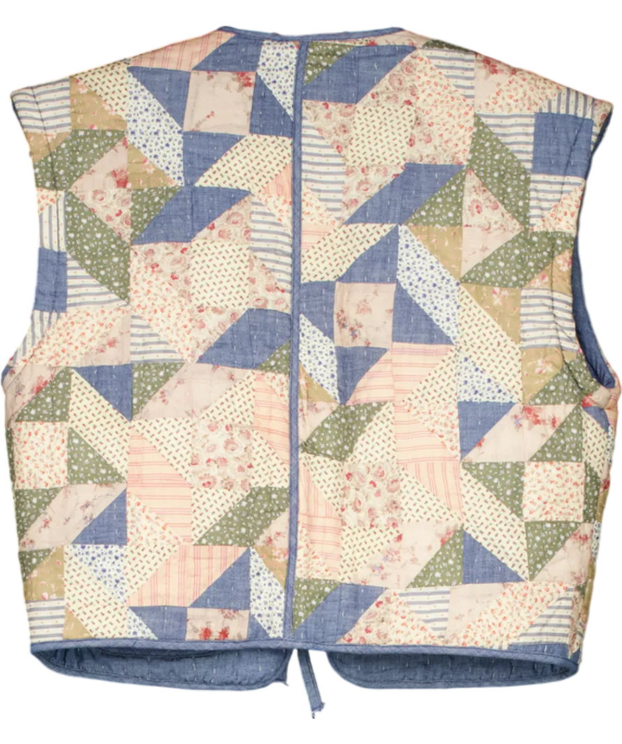 Polo Ralph Lauren Blue Reversible Bora Stitching Patchwork Quilted Vest Jacket UK S
