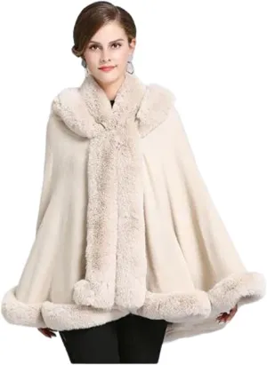 Poncho- Coat-Cape-Faux Fur-Fur-Ruana-blanket-Caplet-Wrap-Shrug-Sweater-dress shawl (Wool blend cape with faux fur trim - Oatmeal)