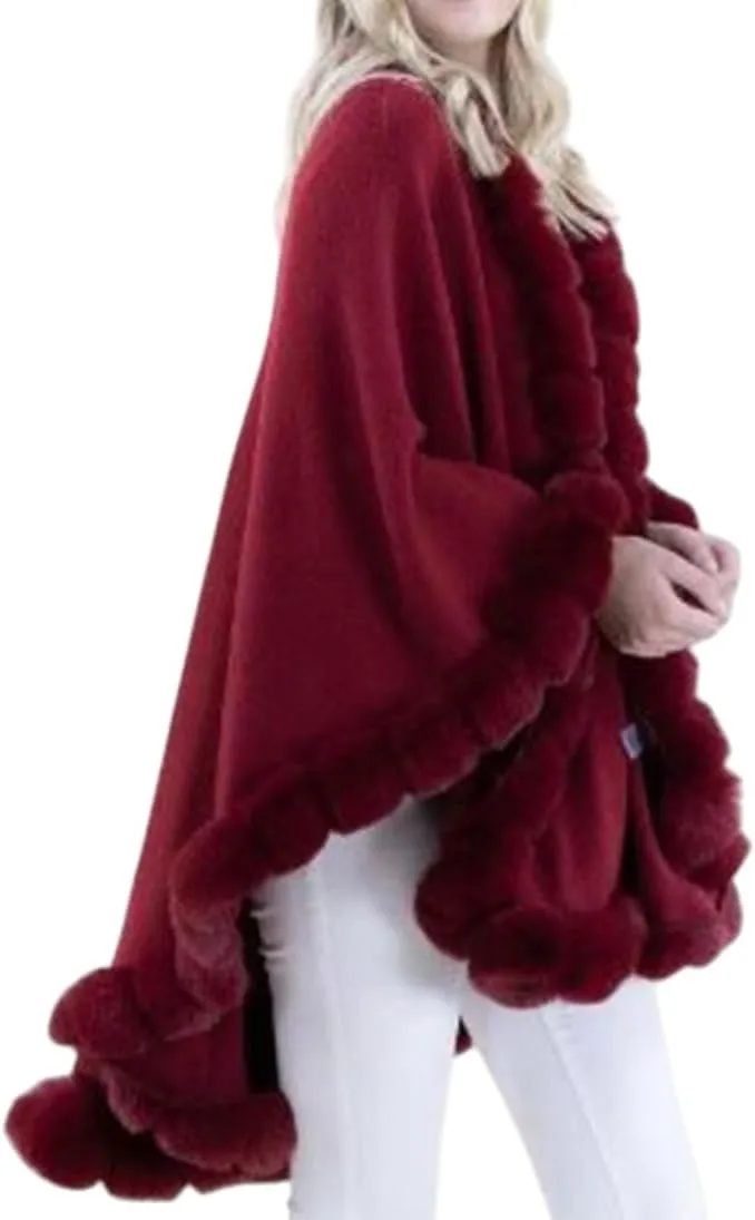 Poncho Coat Cape Faux Fur Ruana Fur blanket Caplet Wrap Shrug Sweater dress shawl (Wine Wool blend cape with faux fur trim)
