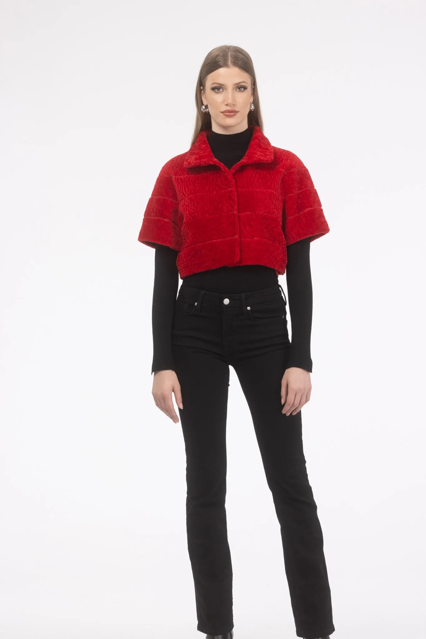 Reversible Textured Shearling Lamb Bolero with Cropped Sleeves