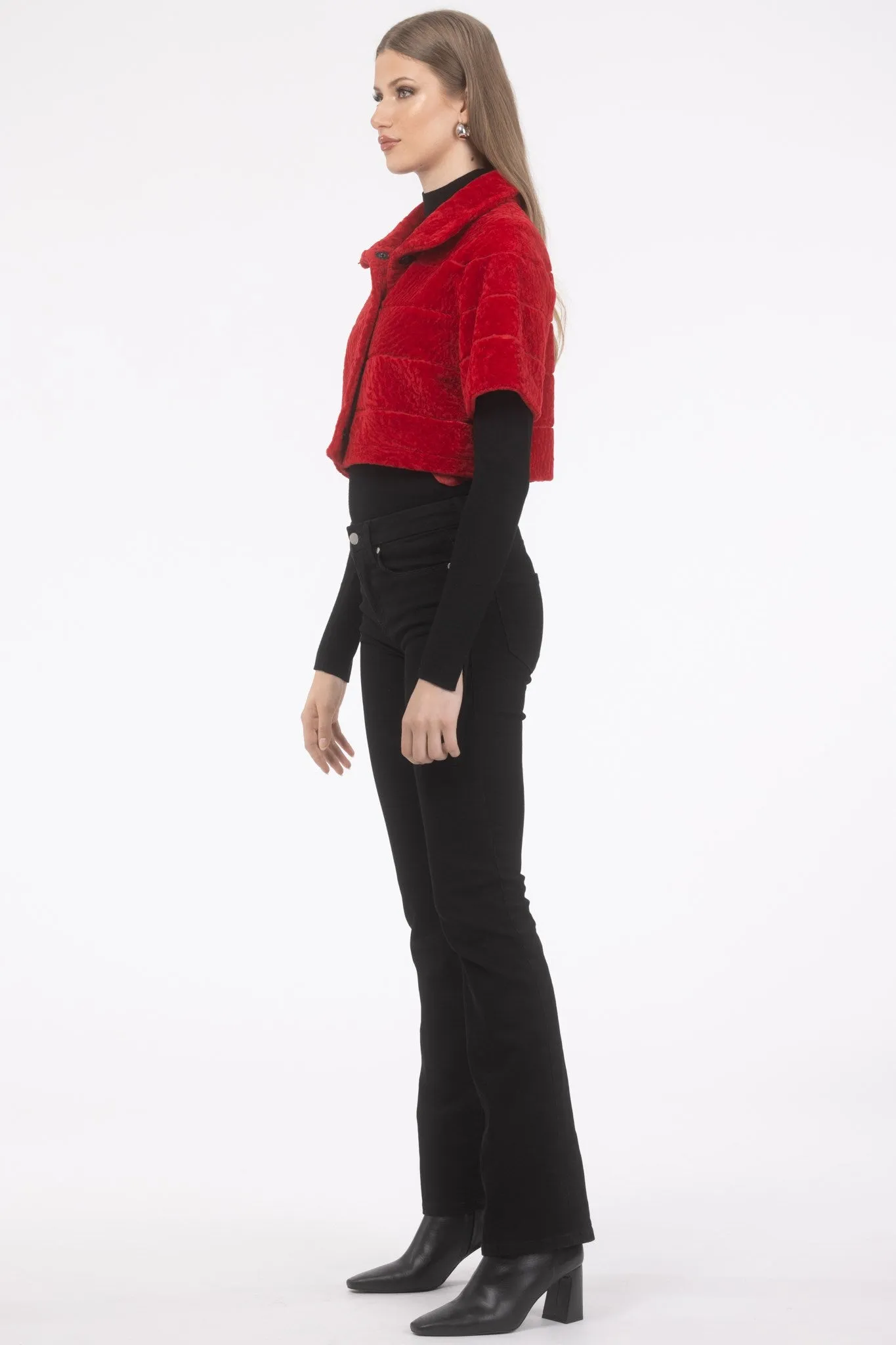Reversible Textured Shearling Lamb Bolero with Cropped Sleeves