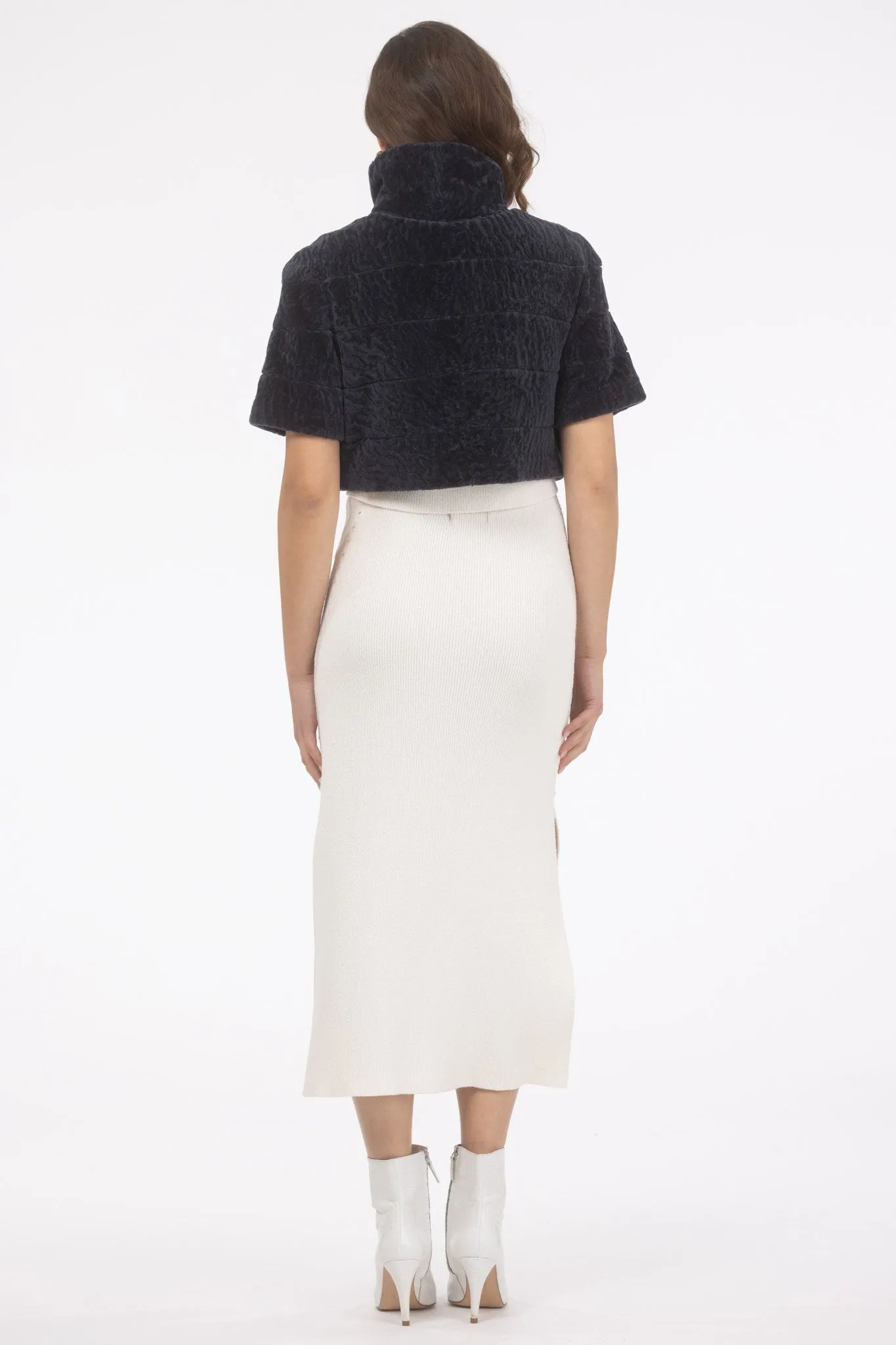 Reversible Textured Shearling Lamb Bolero with Cropped Sleeves