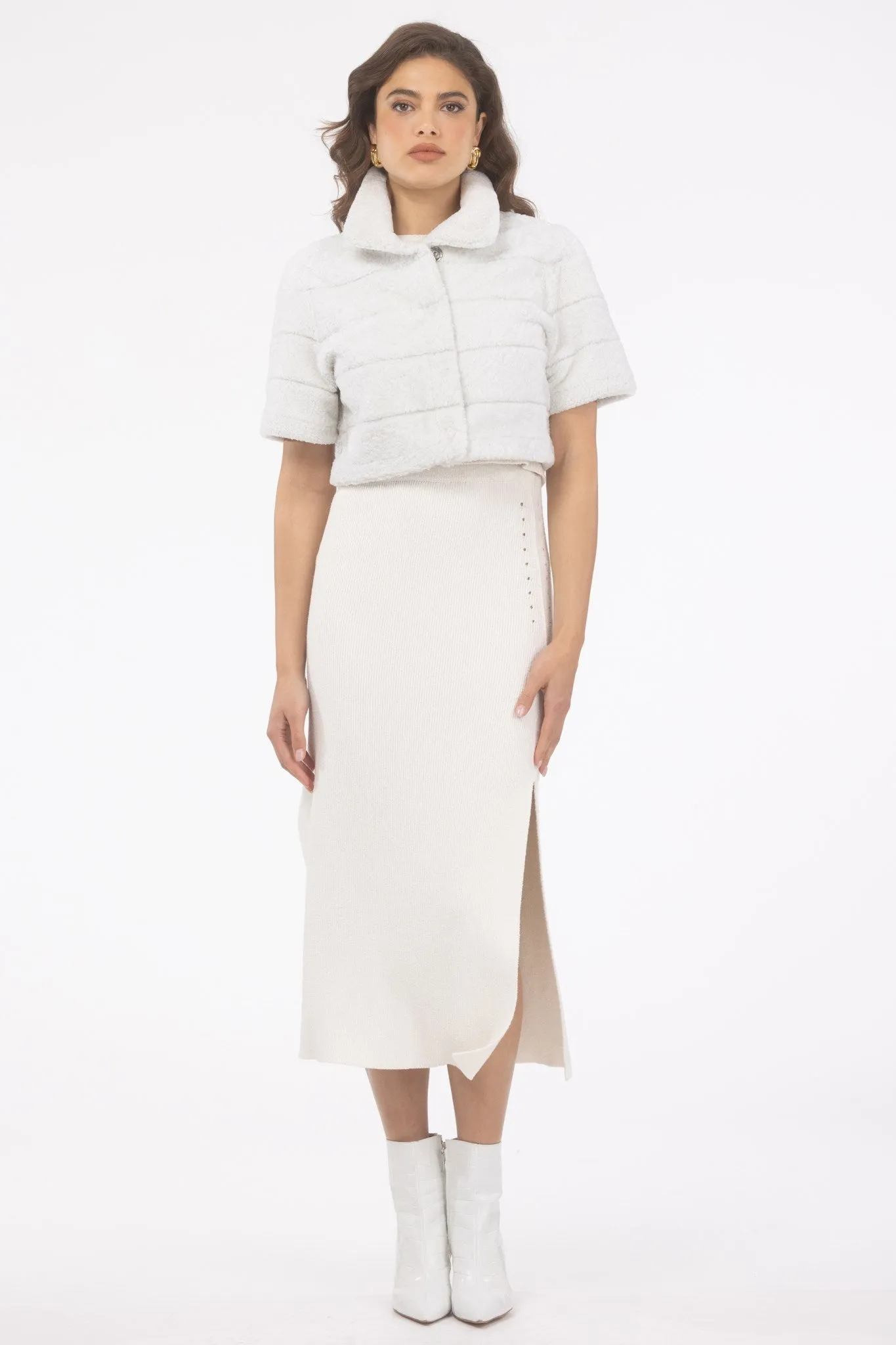 Reversible Textured Shearling Lamb Bolero with Cropped Sleeves