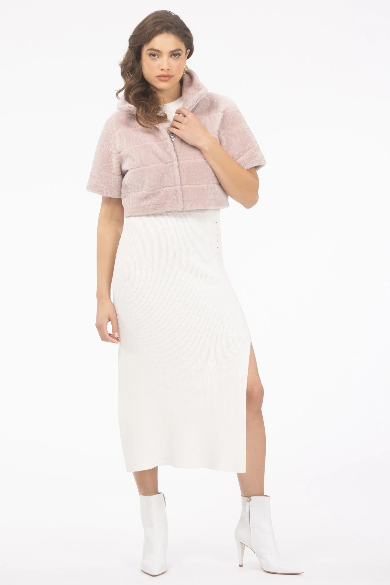 Reversible Textured Shearling Lamb Bolero with Cropped Sleeves