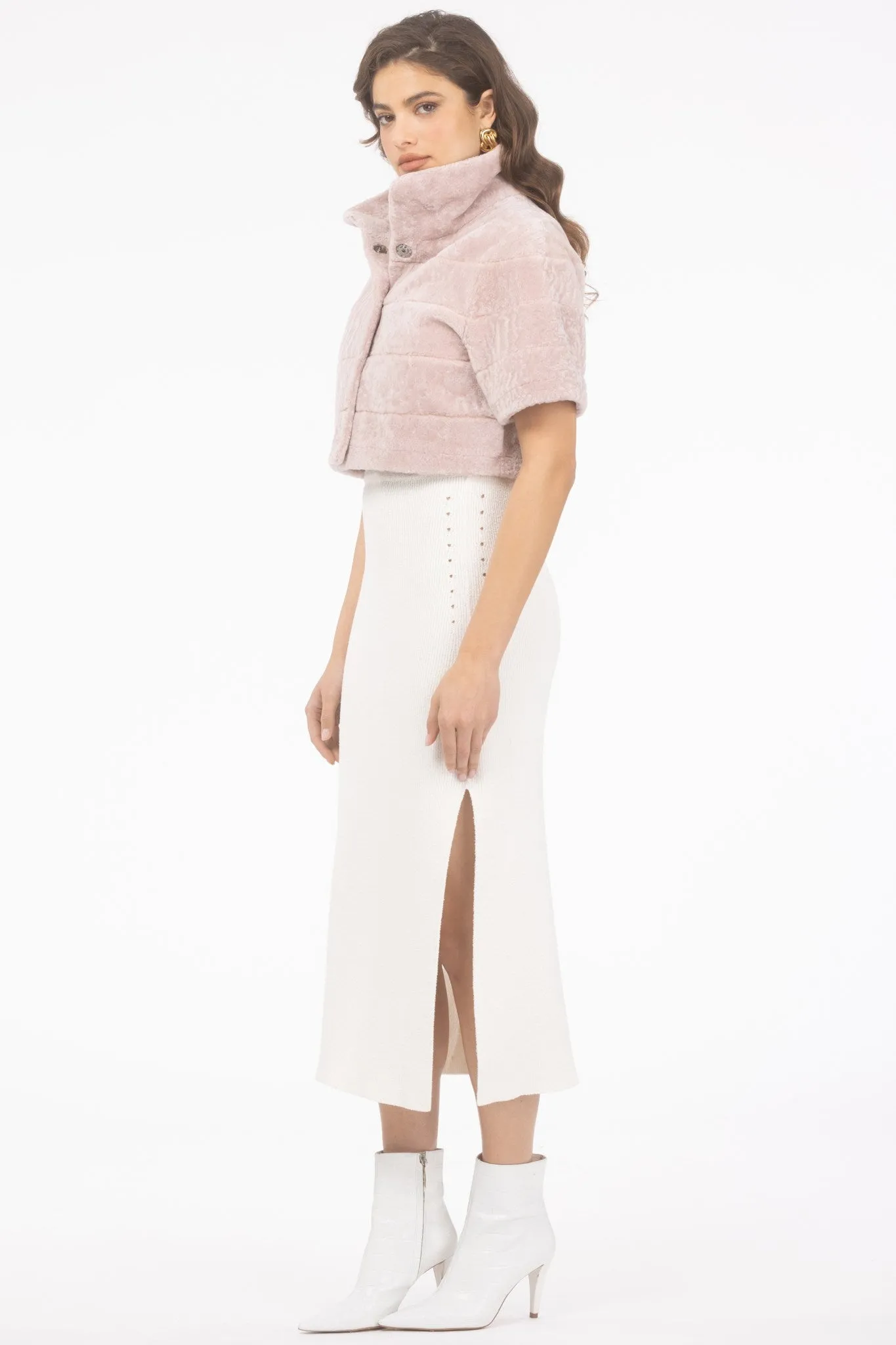 Reversible Textured Shearling Lamb Bolero with Cropped Sleeves