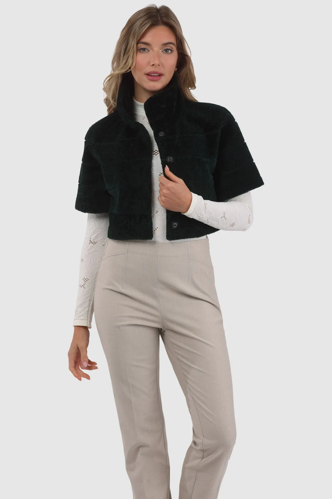 Reversible Textured Shearling Lamb Bolero with Cropped Sleeves