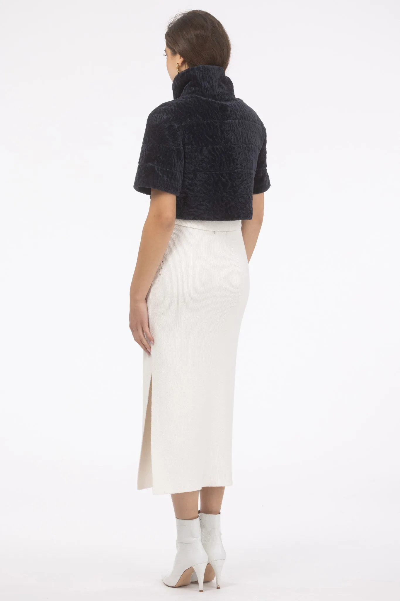 Reversible Textured Shearling Lamb Bolero with Cropped Sleeves