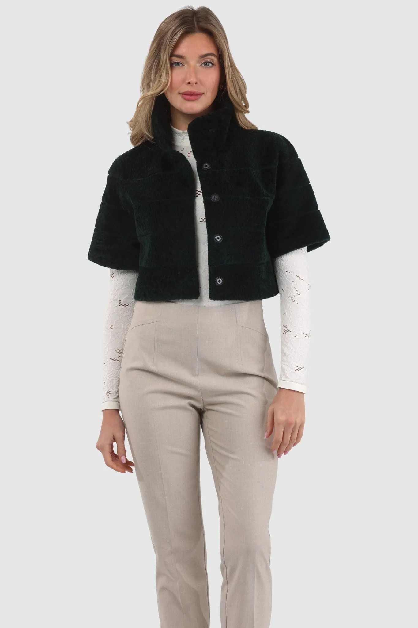 Reversible Textured Shearling Lamb Bolero with Cropped Sleeves