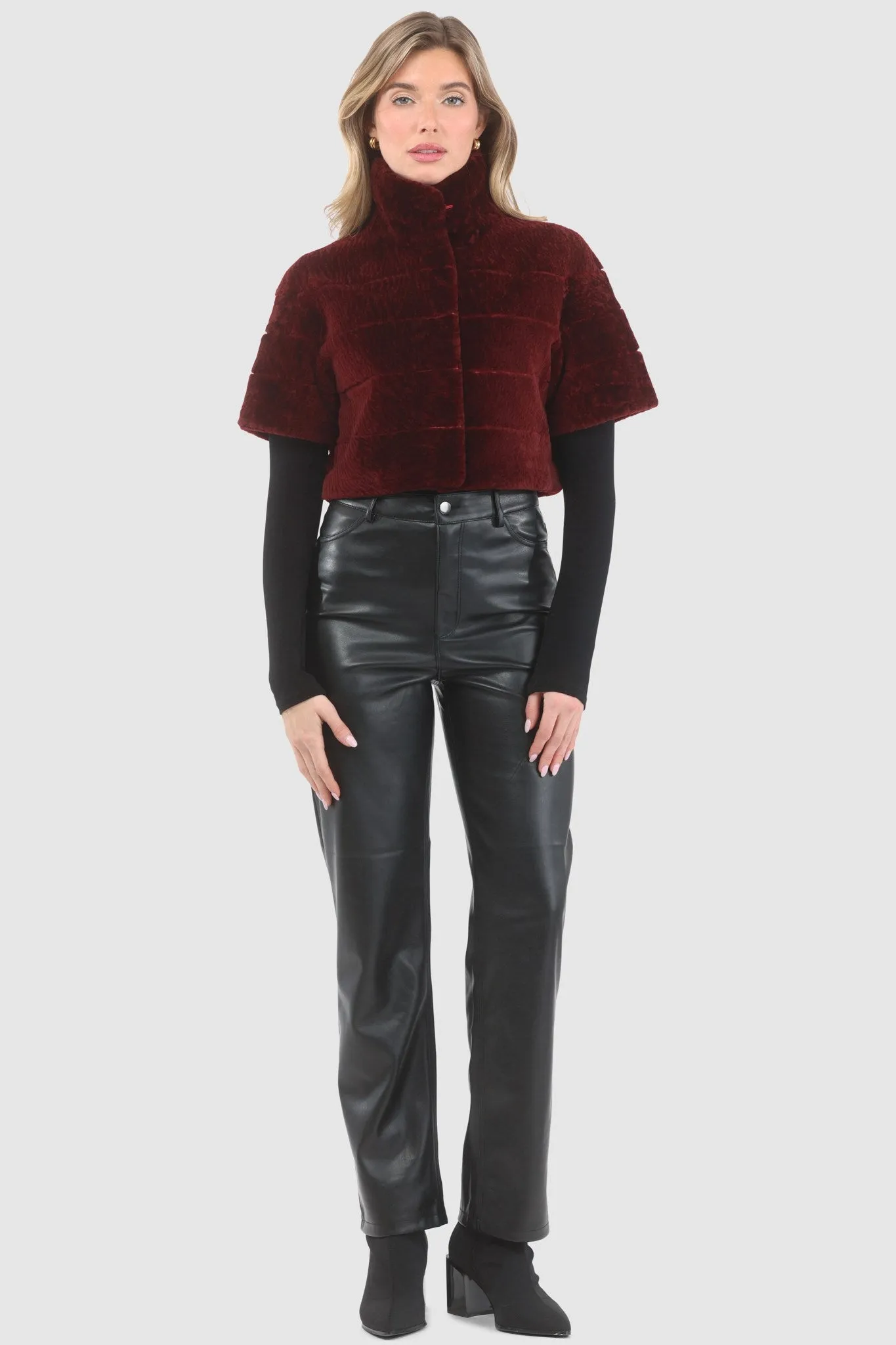 Reversible Textured Shearling Lamb Bolero with Cropped Sleeves