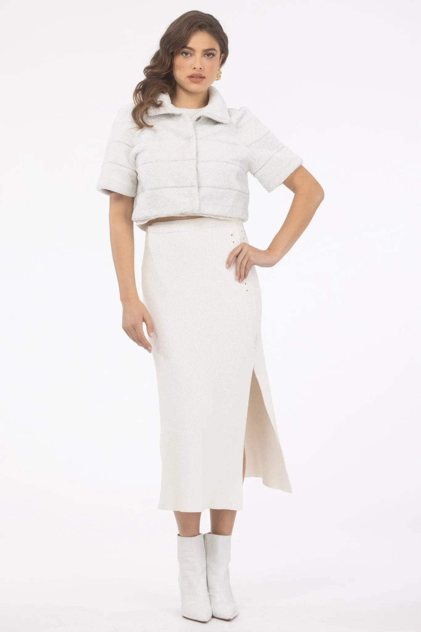 Reversible Textured Shearling Lamb Bolero with Cropped Sleeves