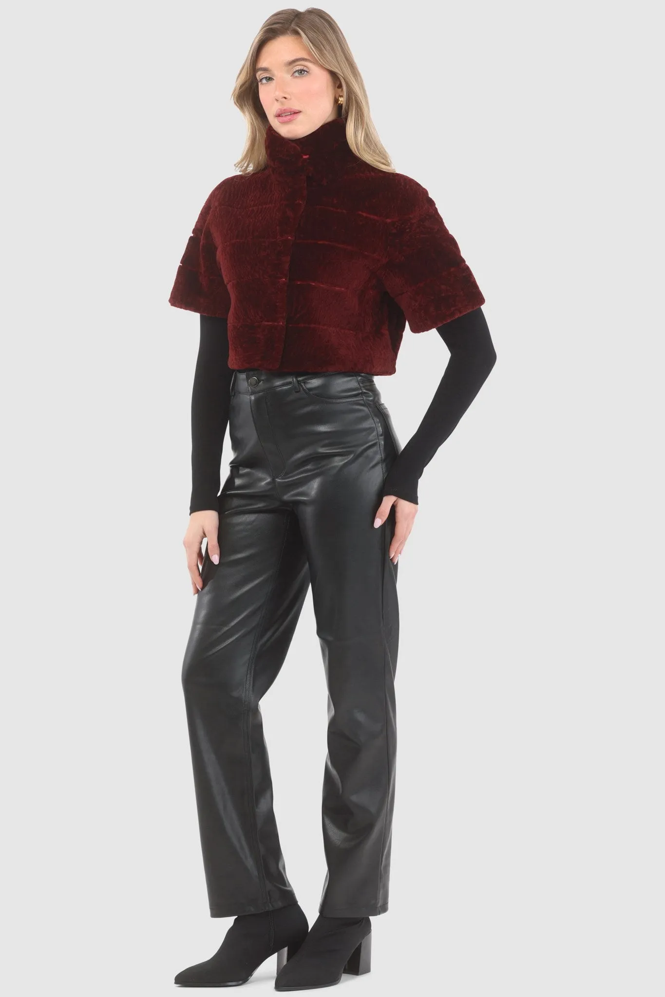 Reversible Textured Shearling Lamb Bolero with Cropped Sleeves
