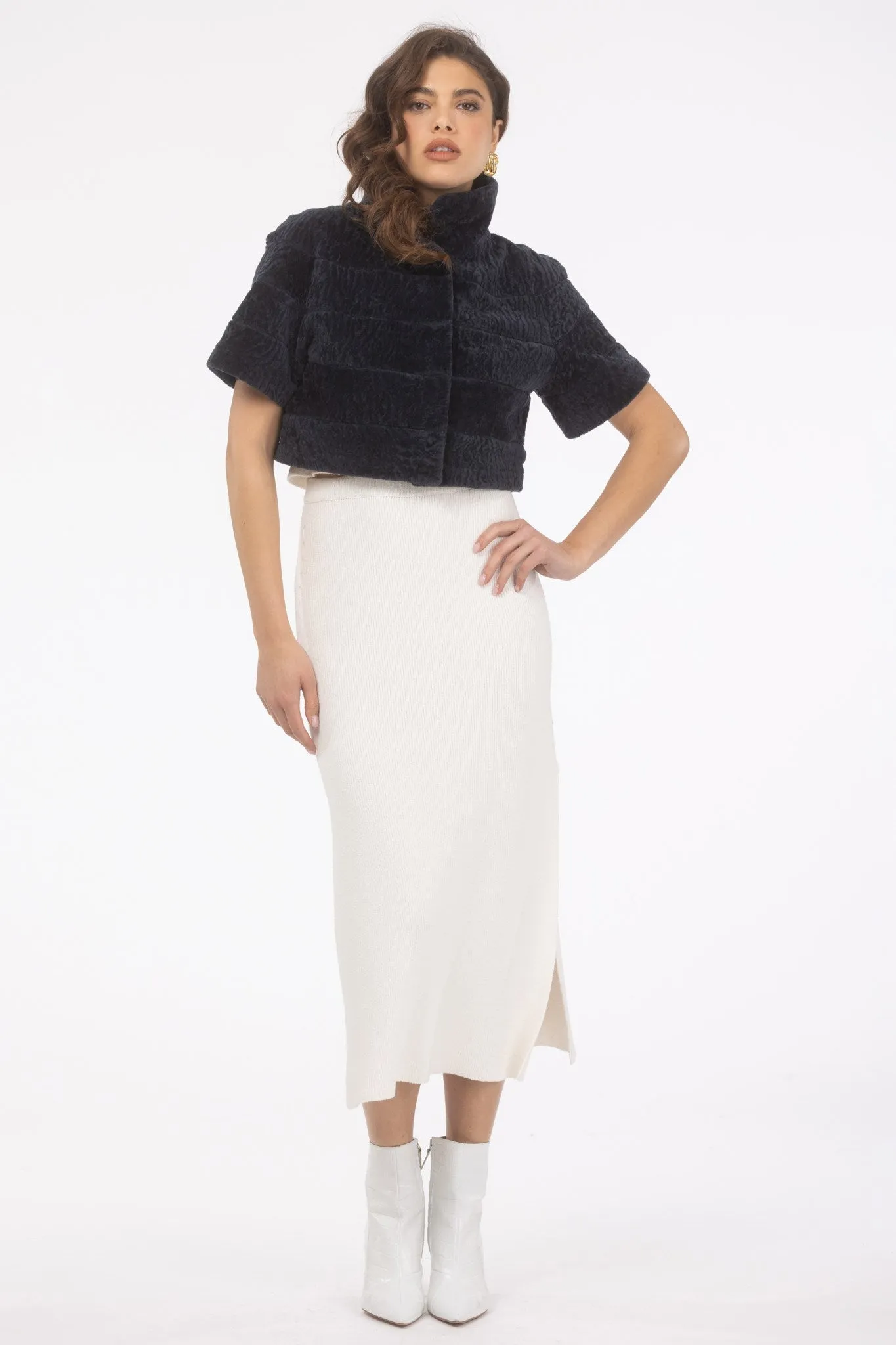 Reversible Textured Shearling Lamb Bolero with Cropped Sleeves
