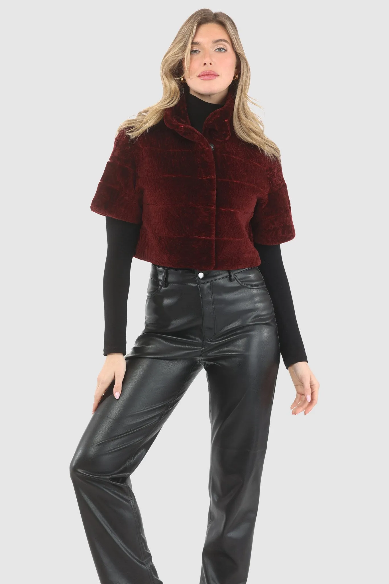 Reversible Textured Shearling Lamb Bolero with Cropped Sleeves