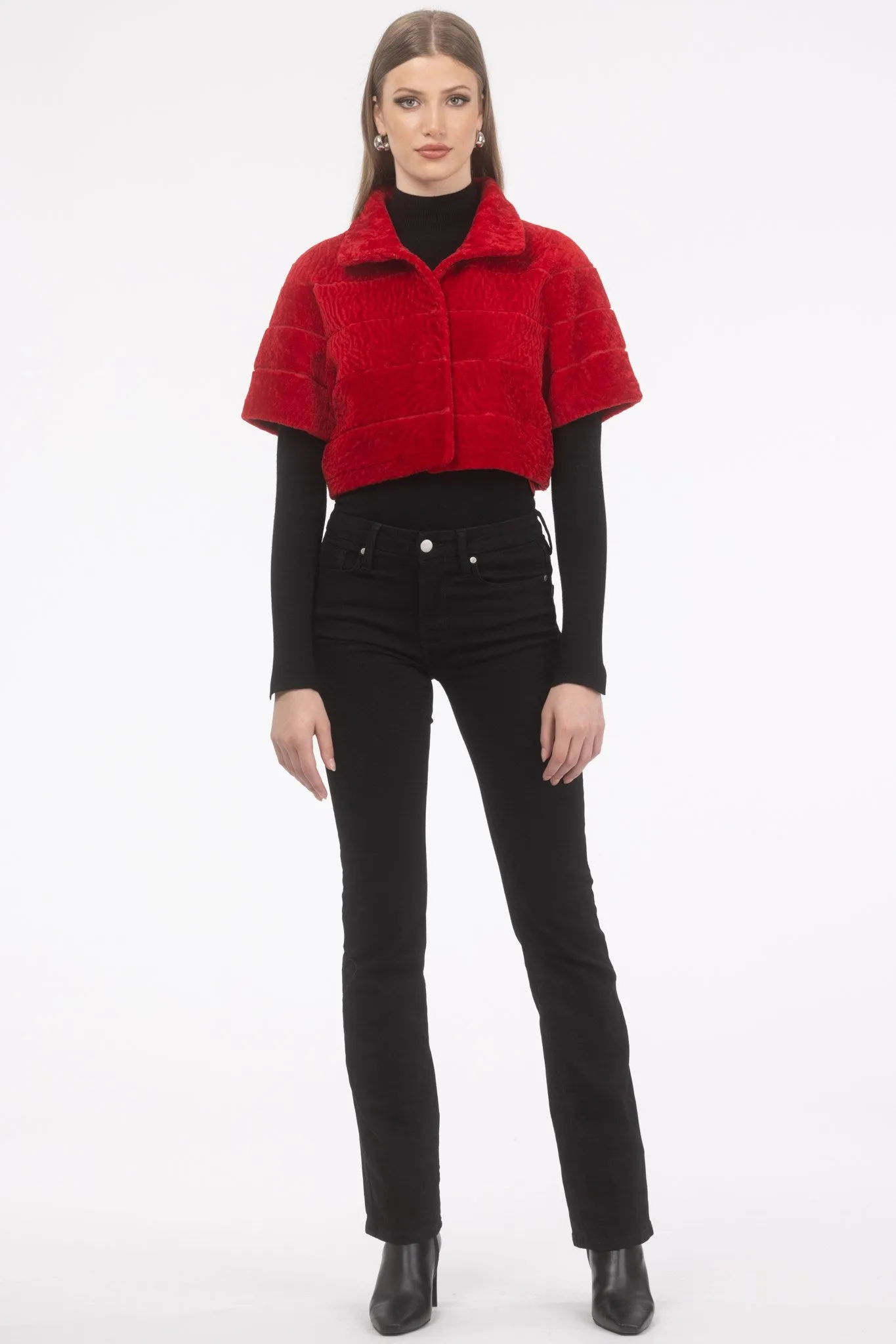Reversible Textured Shearling Lamb Bolero with Cropped Sleeves