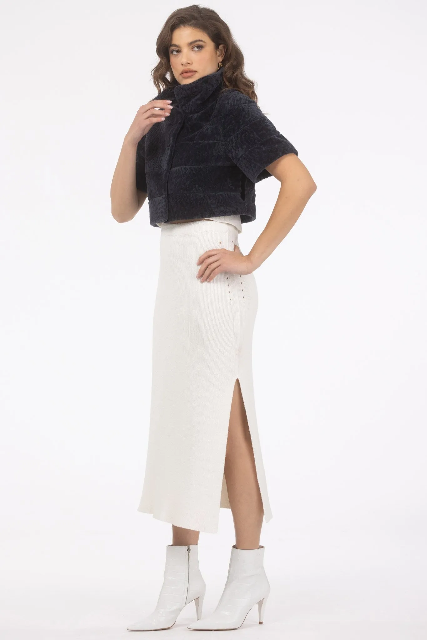 Reversible Textured Shearling Lamb Bolero with Cropped Sleeves