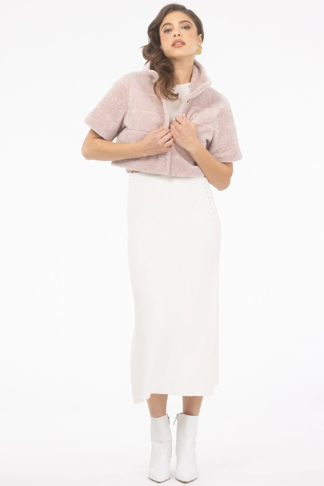Reversible Textured Shearling Lamb Bolero with Cropped Sleeves