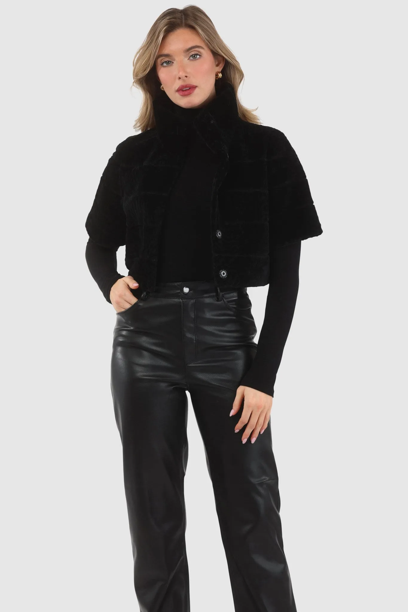 Reversible Textured Shearling Lamb Bolero with Cropped Sleeves