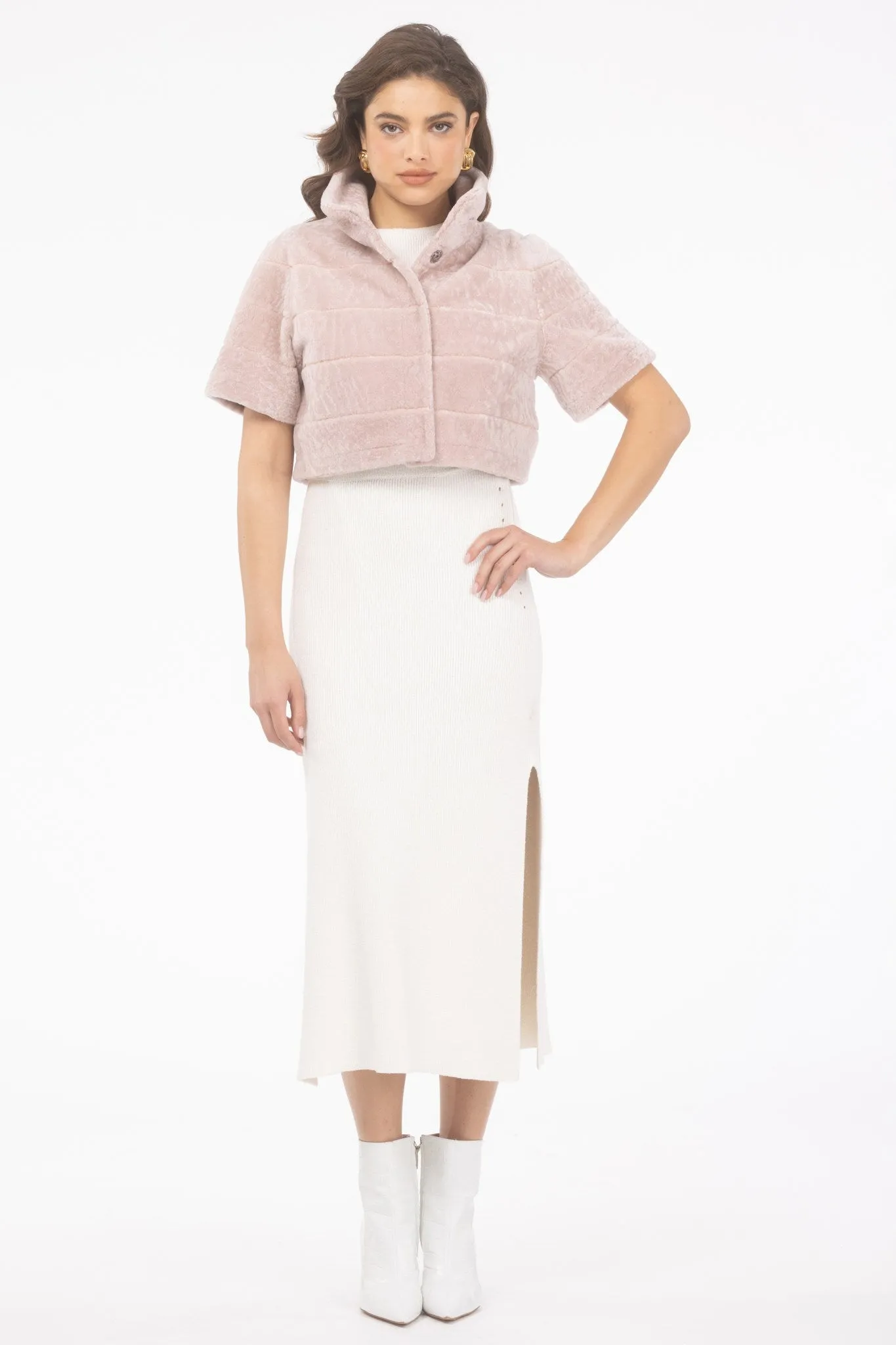 Reversible Textured Shearling Lamb Bolero with Cropped Sleeves