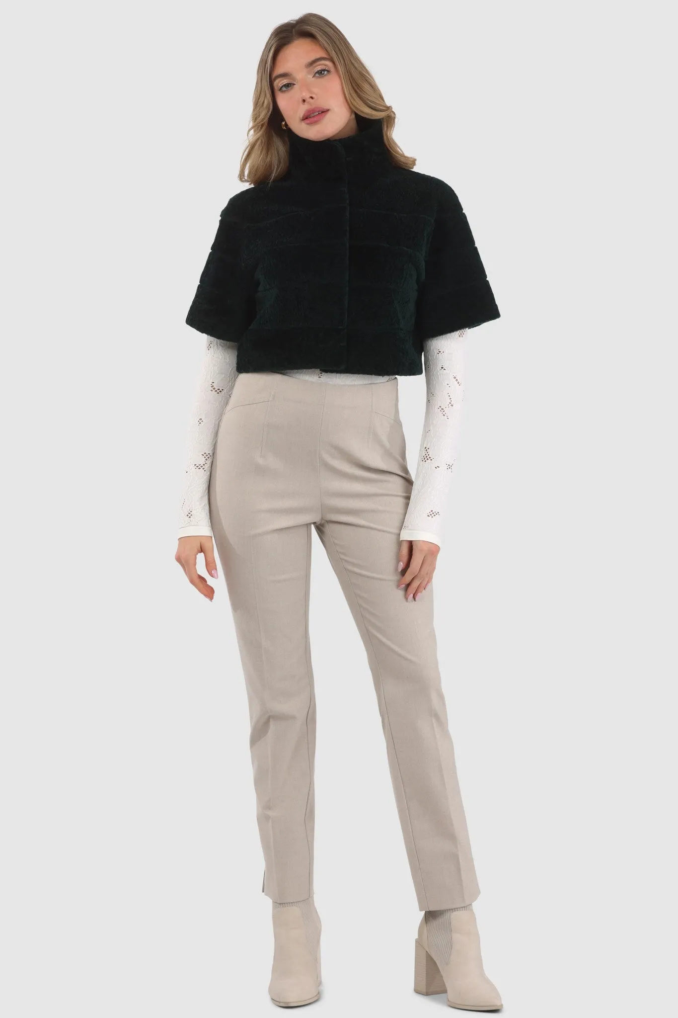 Reversible Textured Shearling Lamb Bolero with Cropped Sleeves