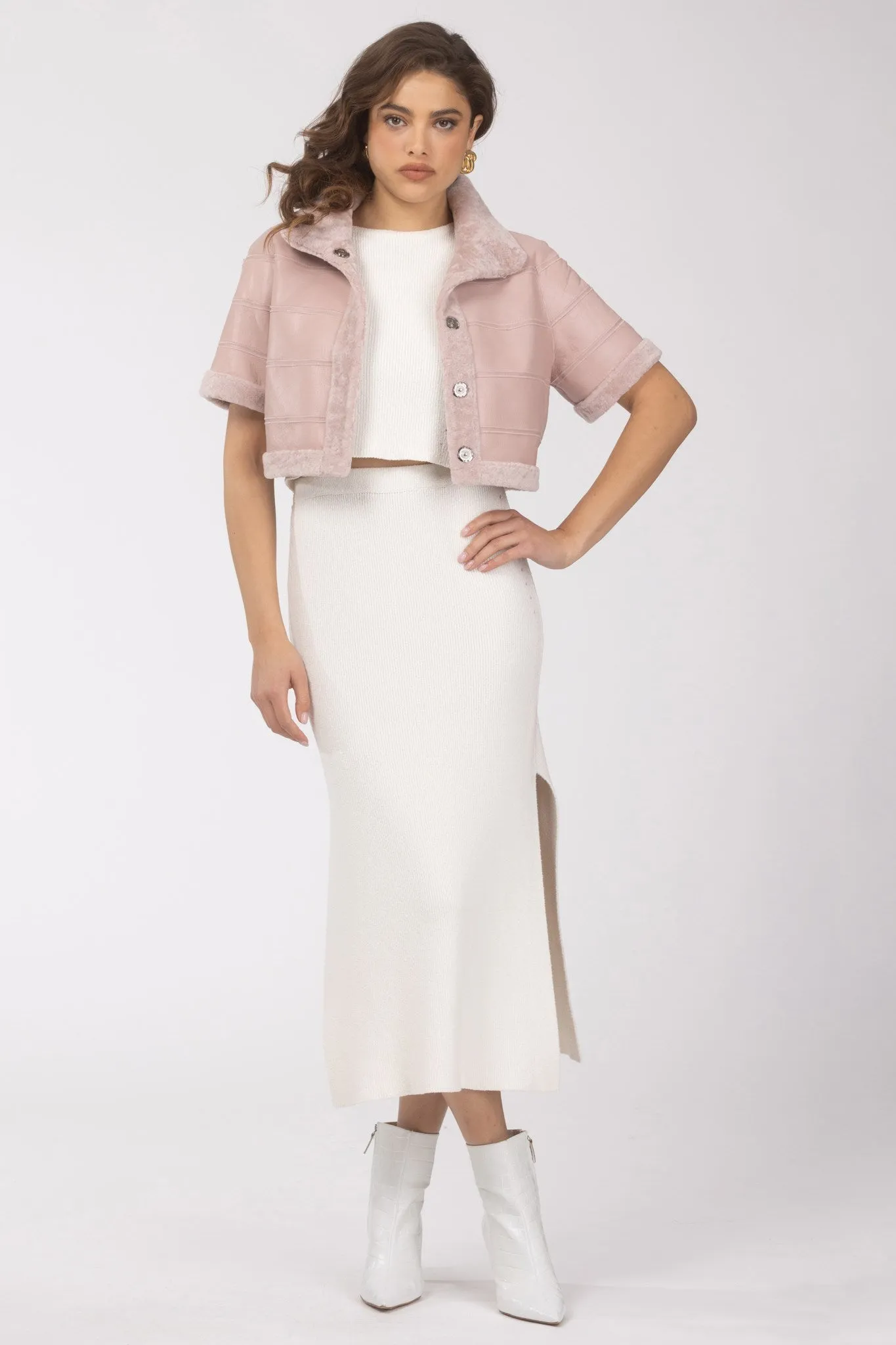 Reversible Textured Shearling Lamb Bolero with Cropped Sleeves