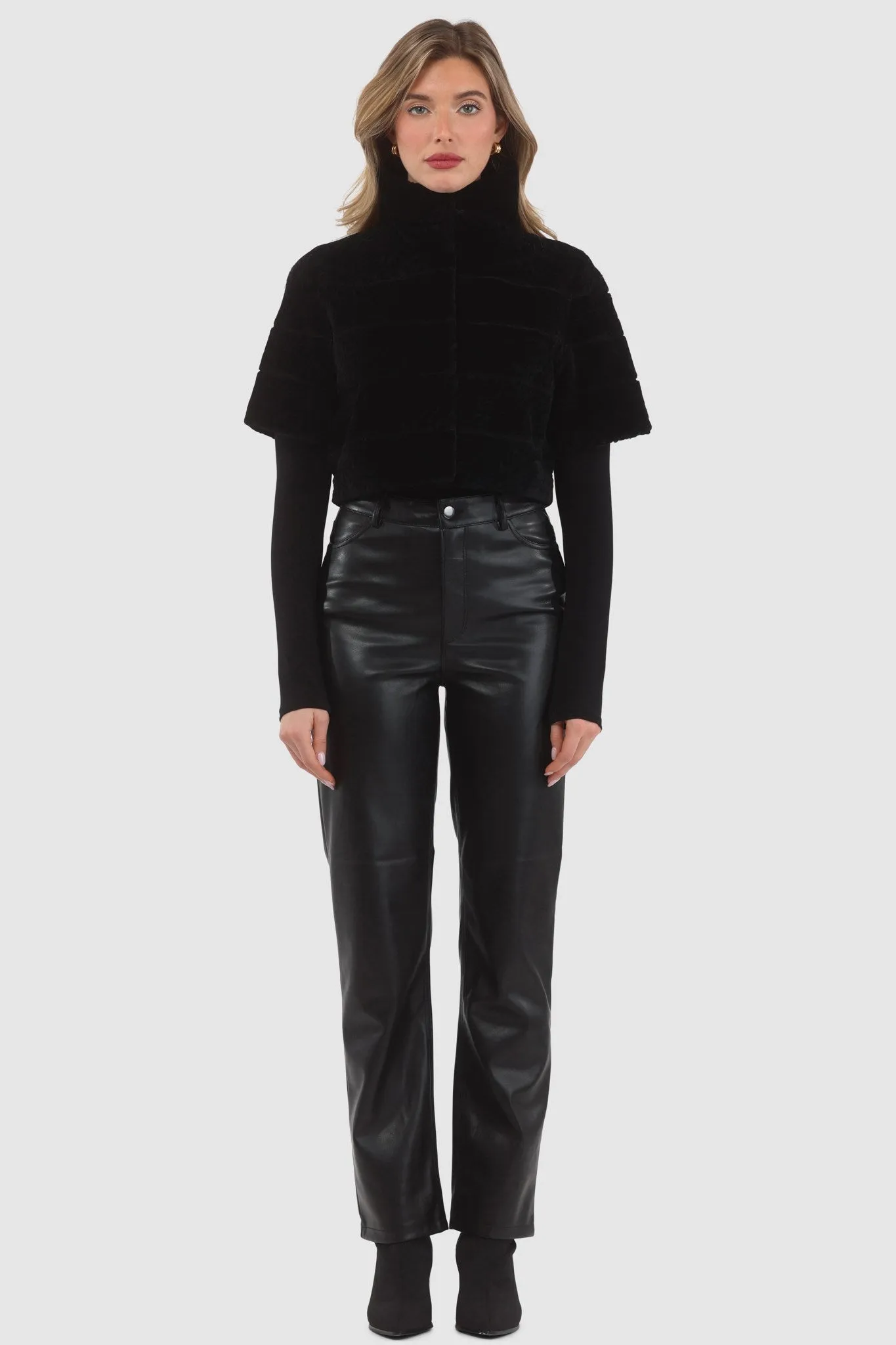 Reversible Textured Shearling Lamb Bolero with Cropped Sleeves