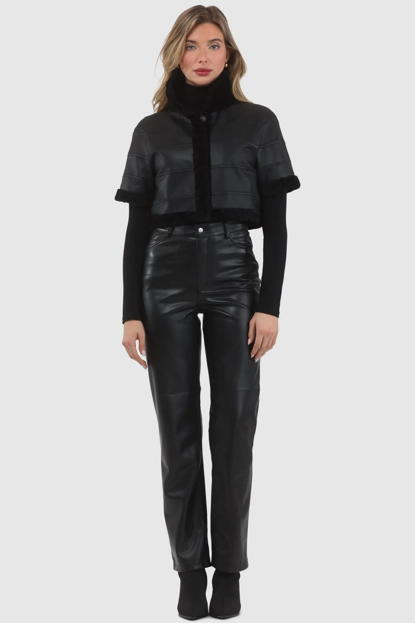 Reversible Textured Shearling Lamb Bolero with Cropped Sleeves