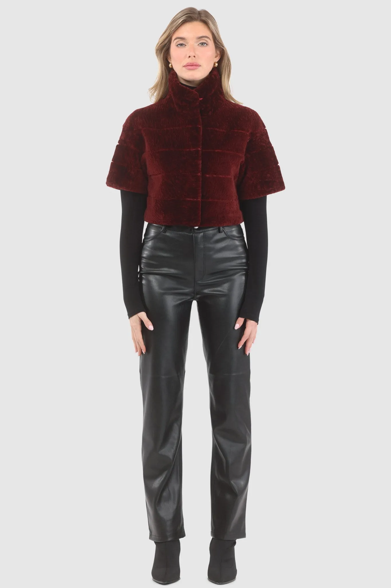 Reversible Textured Shearling Lamb Bolero with Cropped Sleeves