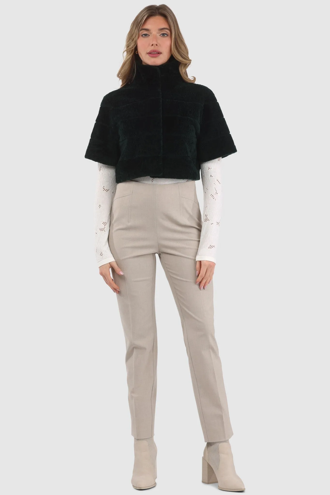 Reversible Textured Shearling Lamb Bolero with Cropped Sleeves
