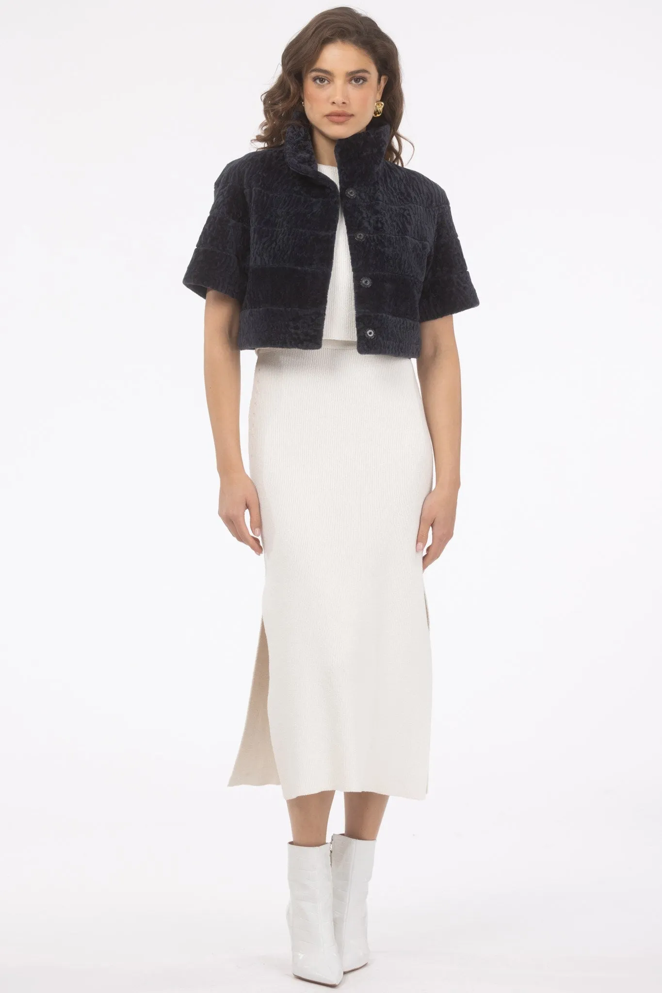 Reversible Textured Shearling Lamb Bolero with Cropped Sleeves
