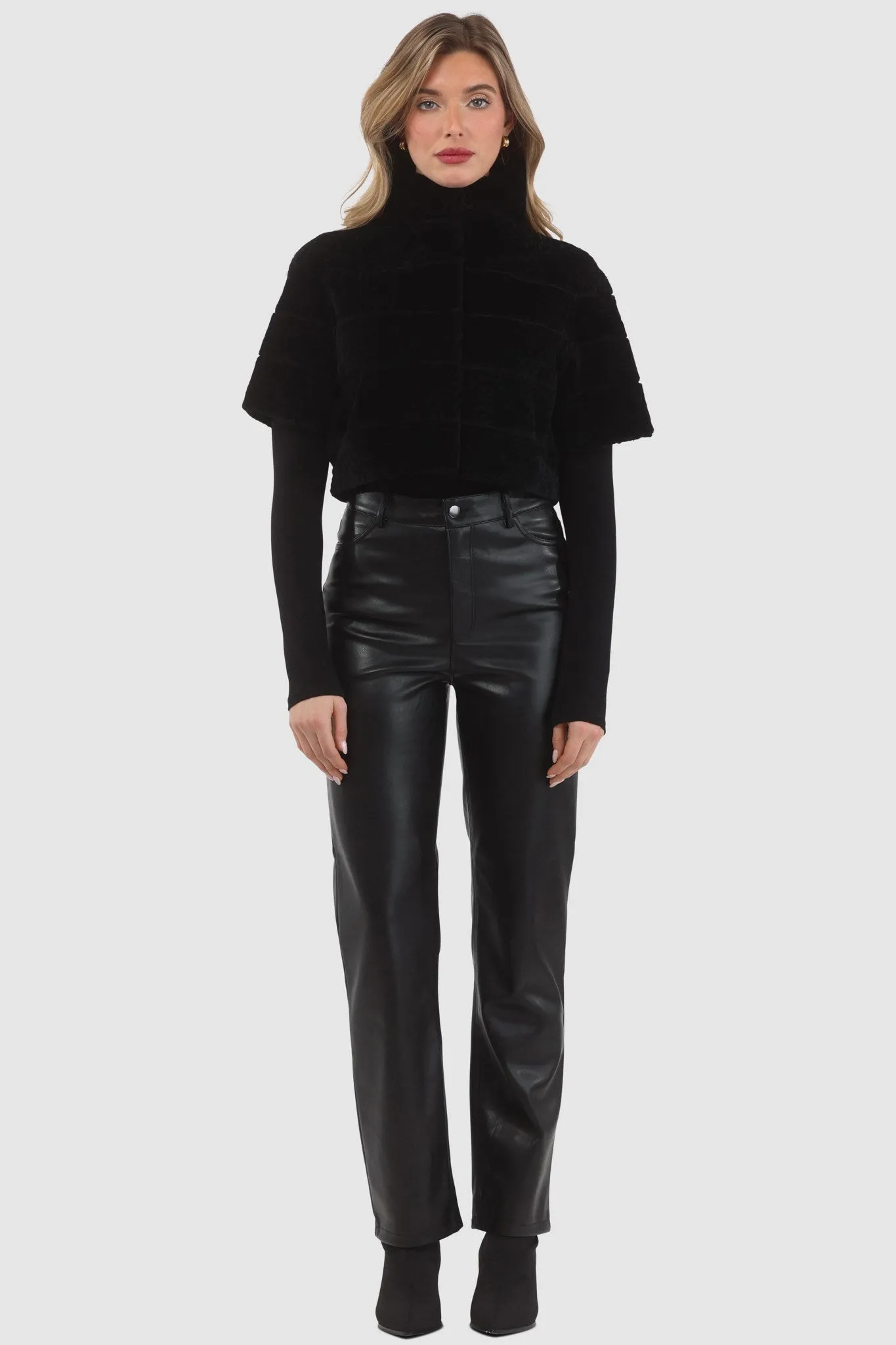 Reversible Textured Shearling Lamb Bolero with Cropped Sleeves