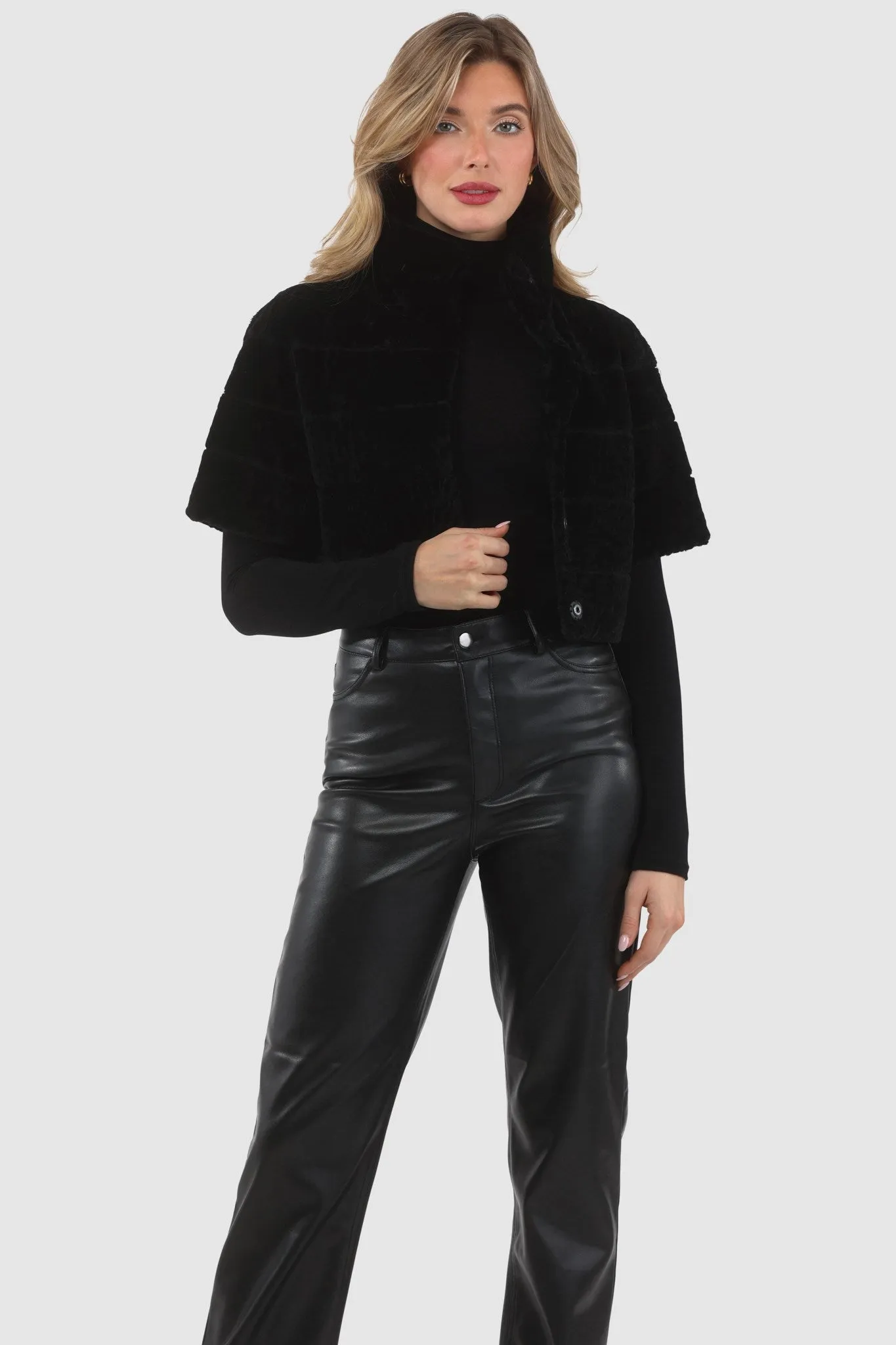 Reversible Textured Shearling Lamb Bolero with Cropped Sleeves