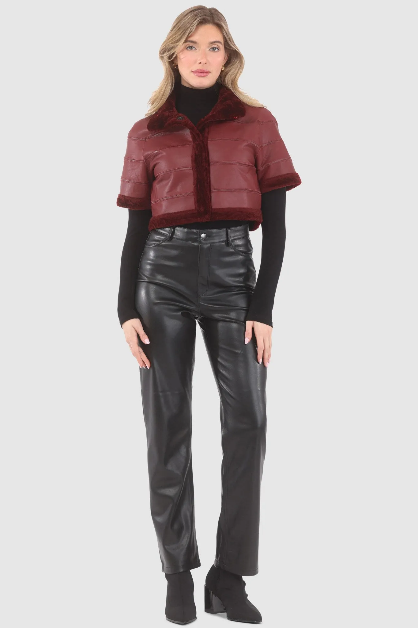 Reversible Textured Shearling Lamb Bolero with Cropped Sleeves