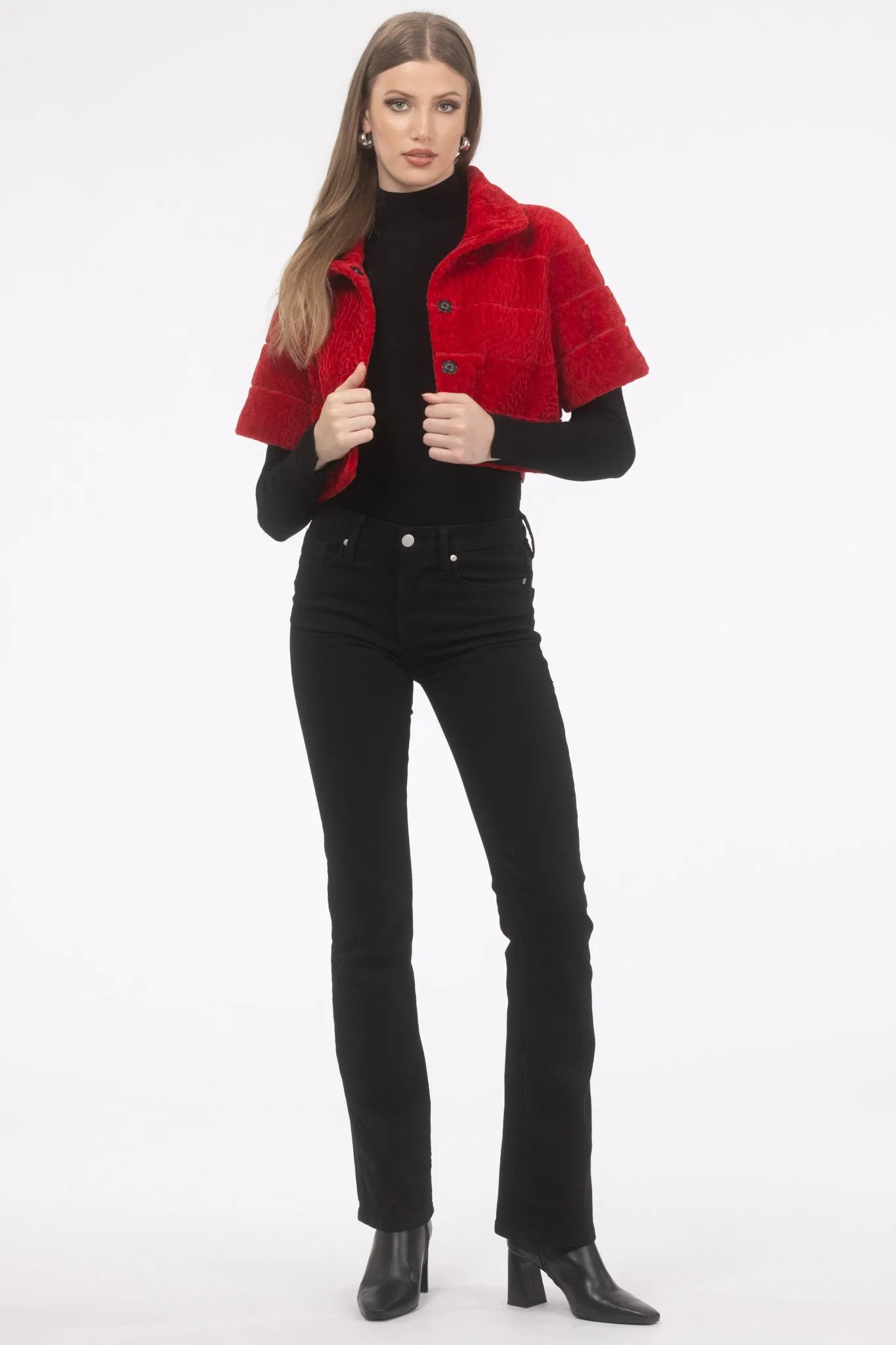 Reversible Textured Shearling Lamb Bolero with Cropped Sleeves