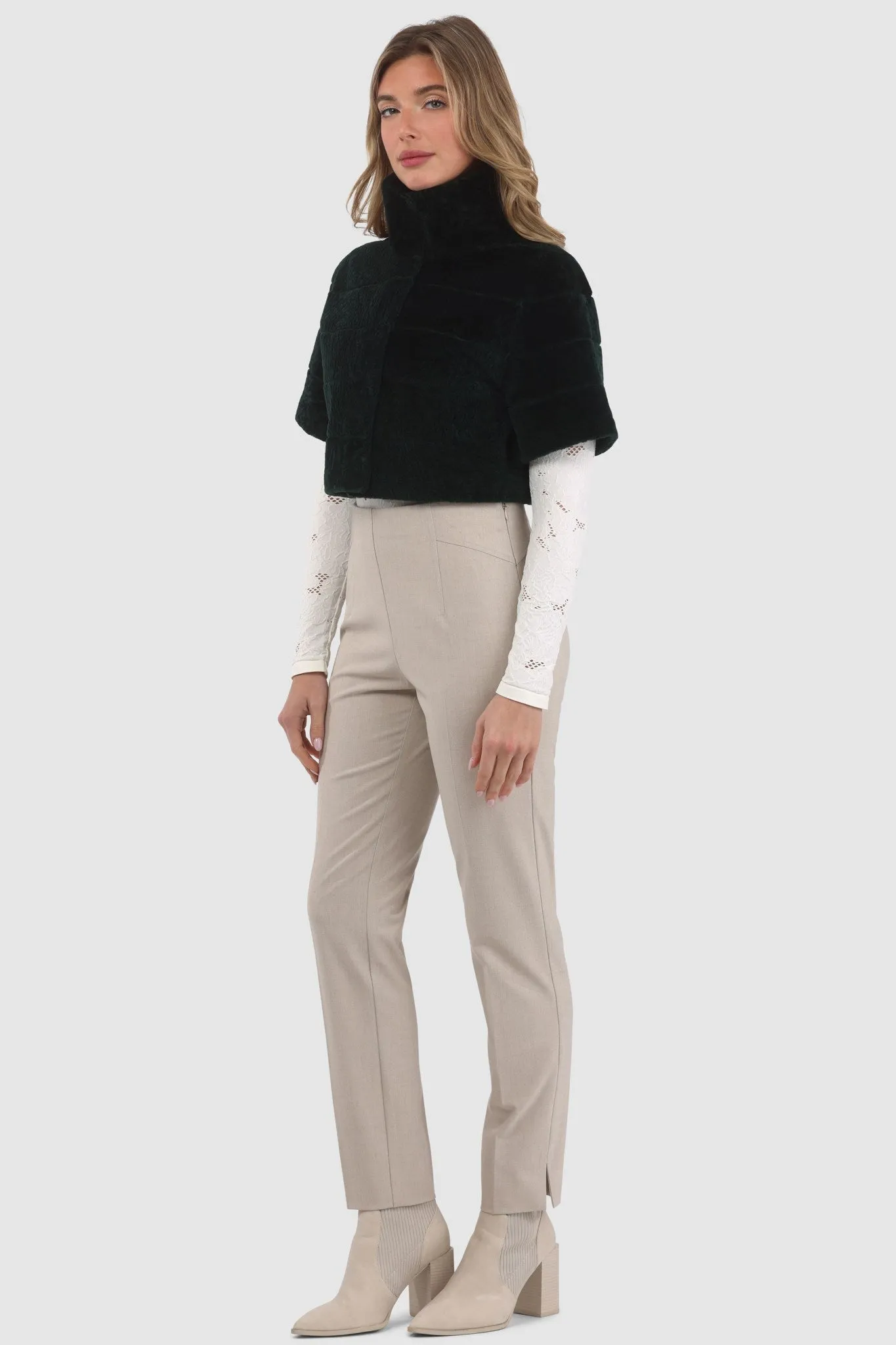 Reversible Textured Shearling Lamb Bolero with Cropped Sleeves