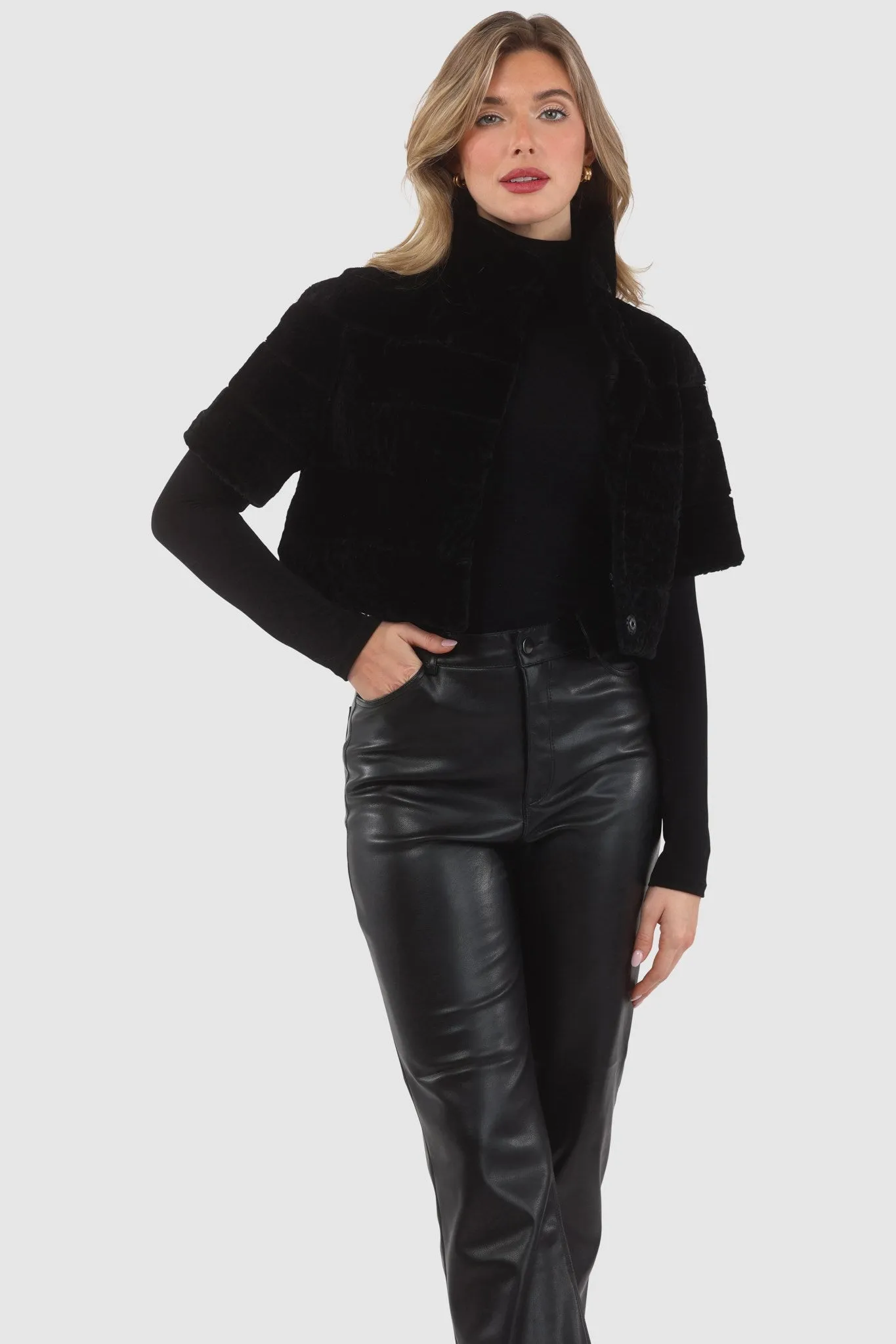 Reversible Textured Shearling Lamb Bolero with Cropped Sleeves