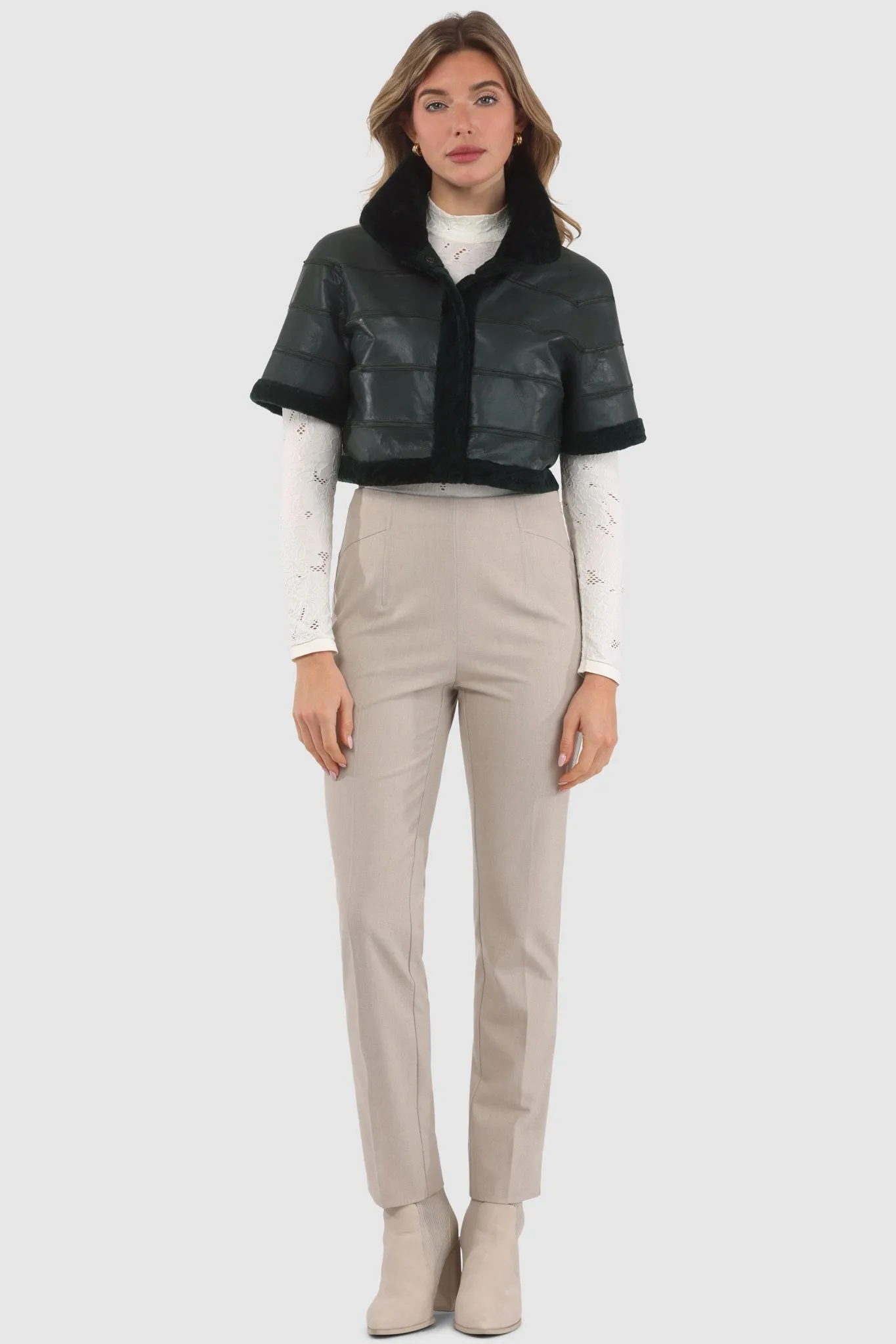 Reversible Textured Shearling Lamb Bolero with Cropped Sleeves